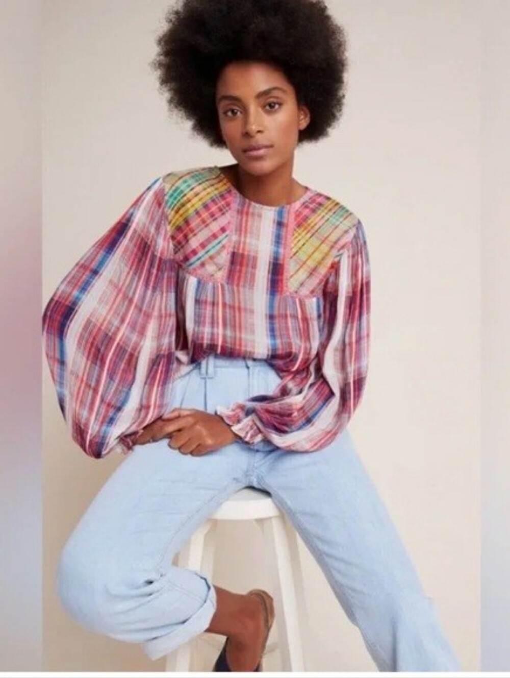 Anthropologie BL-NK London Miranda Plaid Peasant Blouse Size Medium